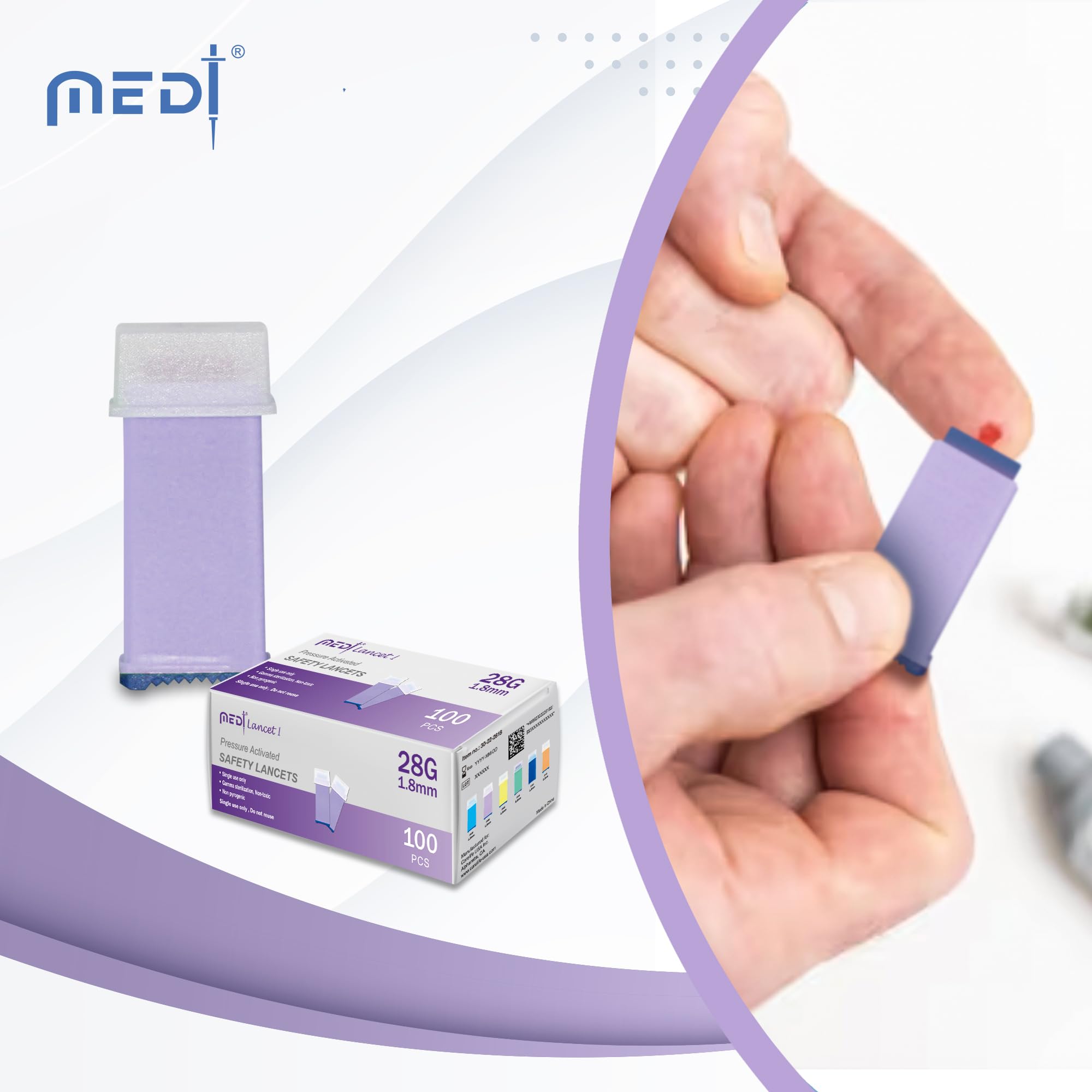 Medt - Pressure Activated Safety Lancets (28G x 1.8mm) - Gamma Ray Sterilized, Ideal for Blood Testing, Single Use and Gentle for Comfortable Testing - Pack of 100