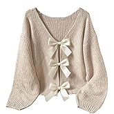 BEAUDRM Women's Bowknot Sweaters Y2k Long Sleeve V Neck Knit Pullover Tops
