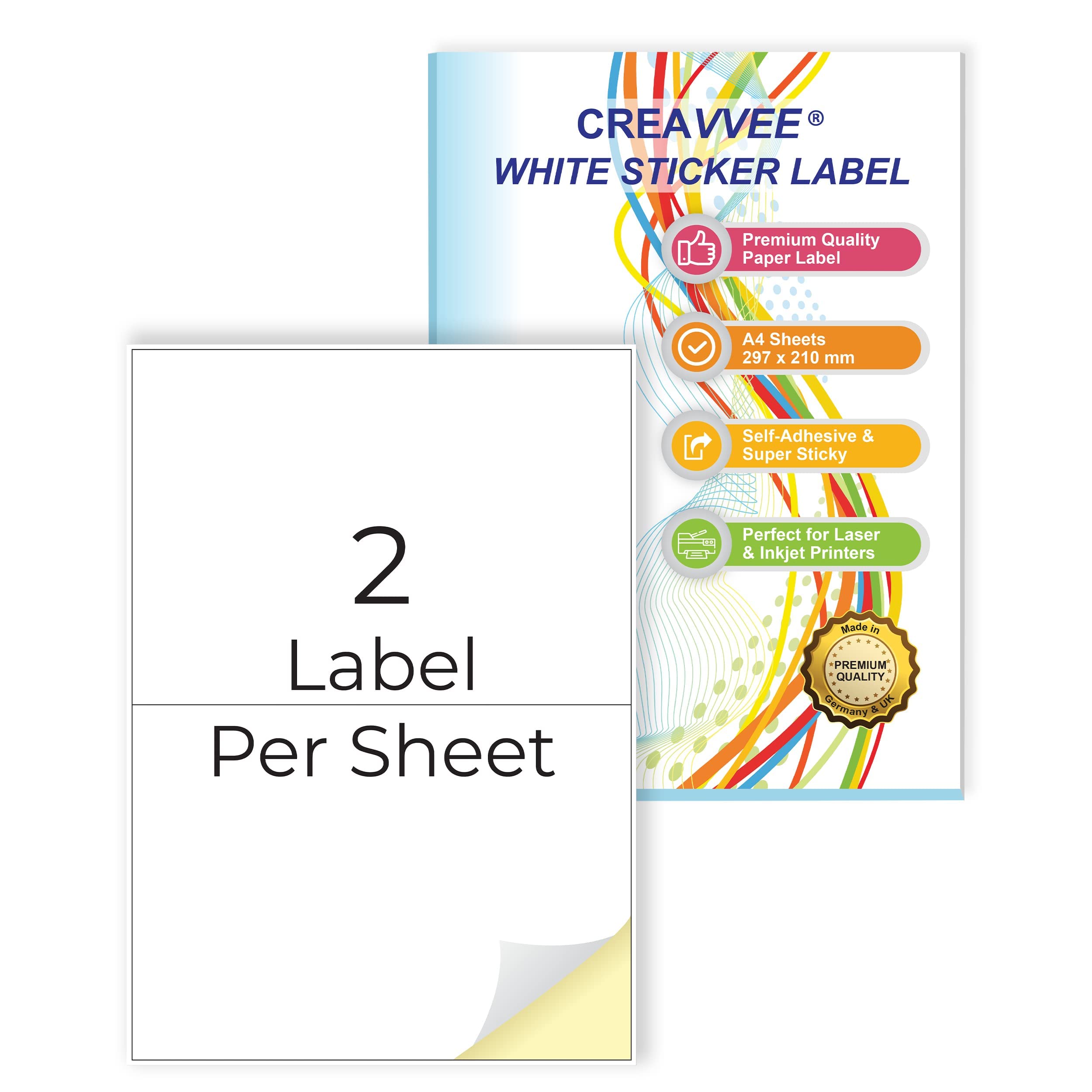 Creavvee 2 Label per Sheet, 25 A4 Sheets, Printable White Sticker Paper Labels for Laser/Inkjet Printers Made in Europe - Sticker Size (A5) 210 x 148 mm