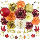Fall Bridal Shower Decorations Fall In love Party Decorations Autumn Gold Ring Maple Leaves Garland Orange Burgundy Paper Fans Paper Pom Poms for Autumn Bride To Be Bachelorette Weddding Party Decor