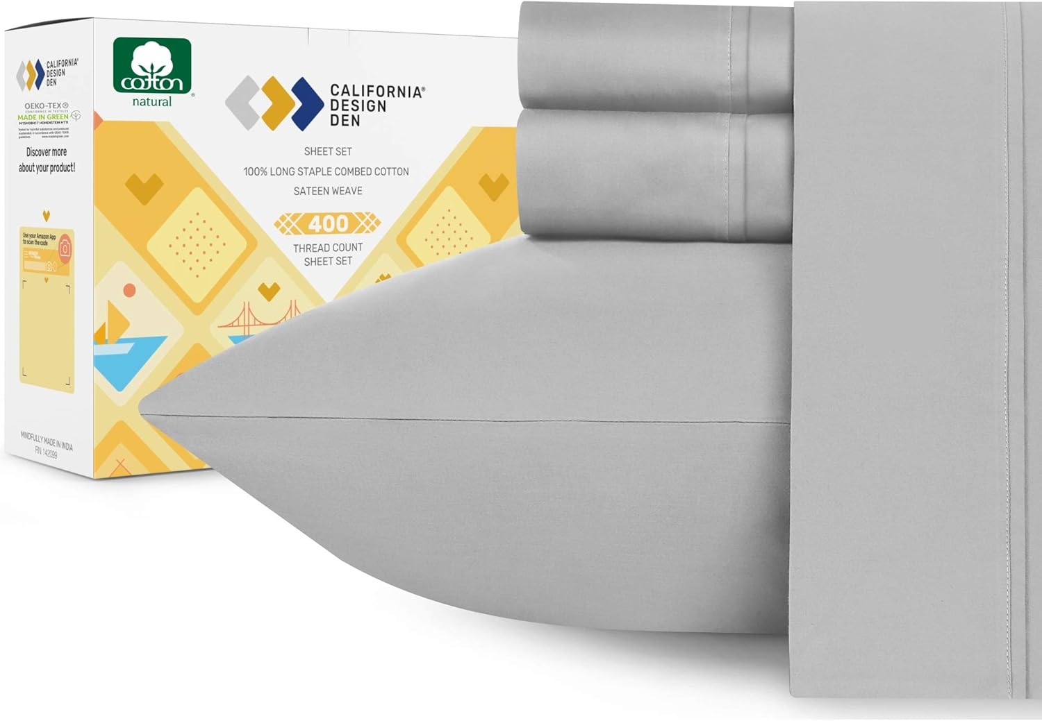 400 Thread Count 4 PC 100% Cotton Sheets - Light Grey Long-Staple Cotton King Sheets, Fits Mattress 16'' Deep Pocket, Soft Sateen Weave Cotton Bedsheets and Pillowcases by California Design Den: Home & Kitchen