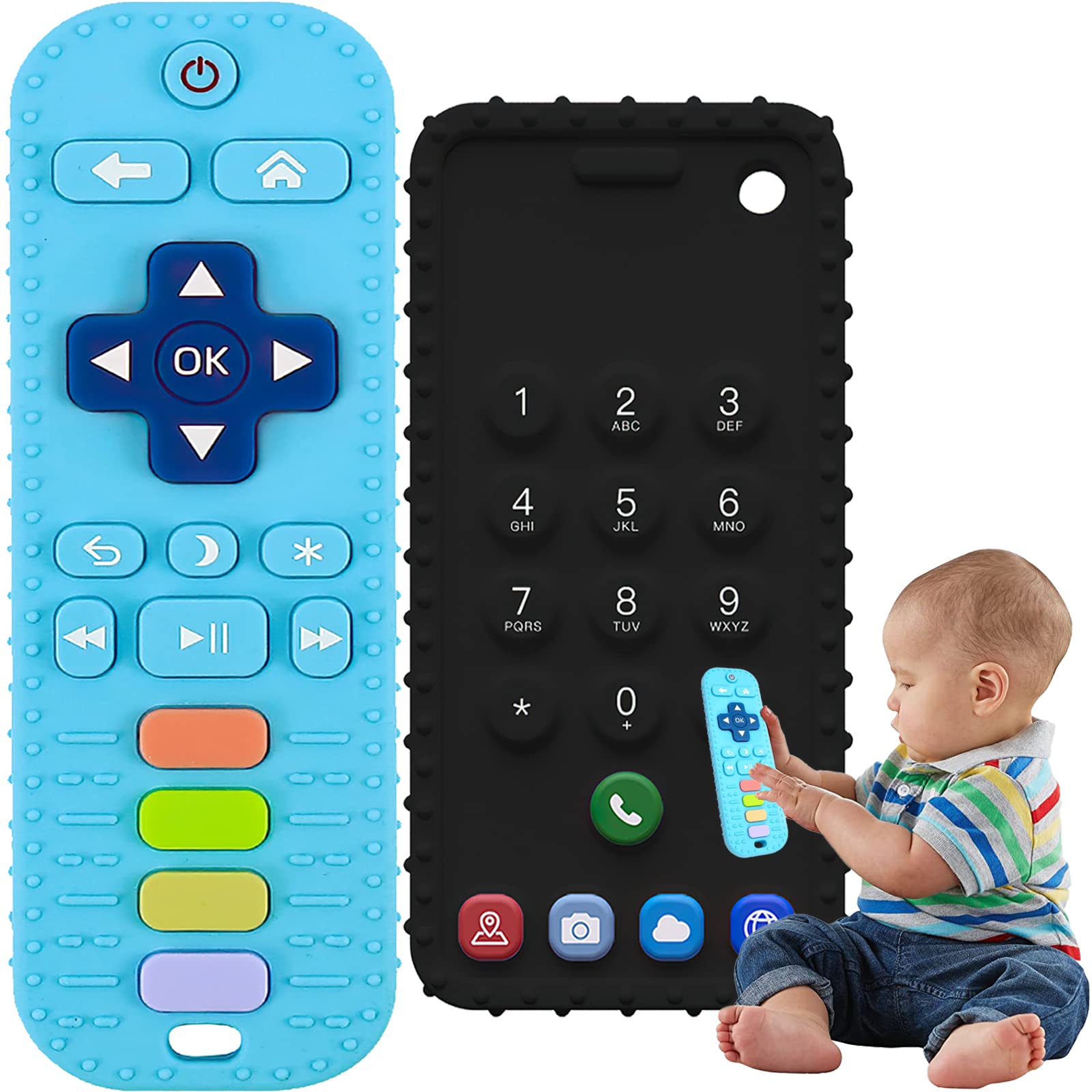 2 Pack Teething Toys for Baby, Baby Teether Toys 0-6 Months, Silicone Remote Control Teething Phone Teethers for Babies Toddler Infant 3 6 Plus Months