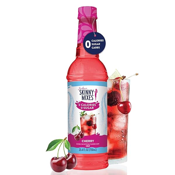 JORDAN’S SKINNY MIXES SUGAR FREE SYRUP, CHERRY FLAVOR, FRUIT FLAVORED WATER ENHANCER, DRINK MIX FOR ICED TEA, LEMONADE, DRINKS, LOW CALORIE WATER FLAVORING, DAIRY & GLUTEN FREE, KOSHER, 25.4 FL OZ