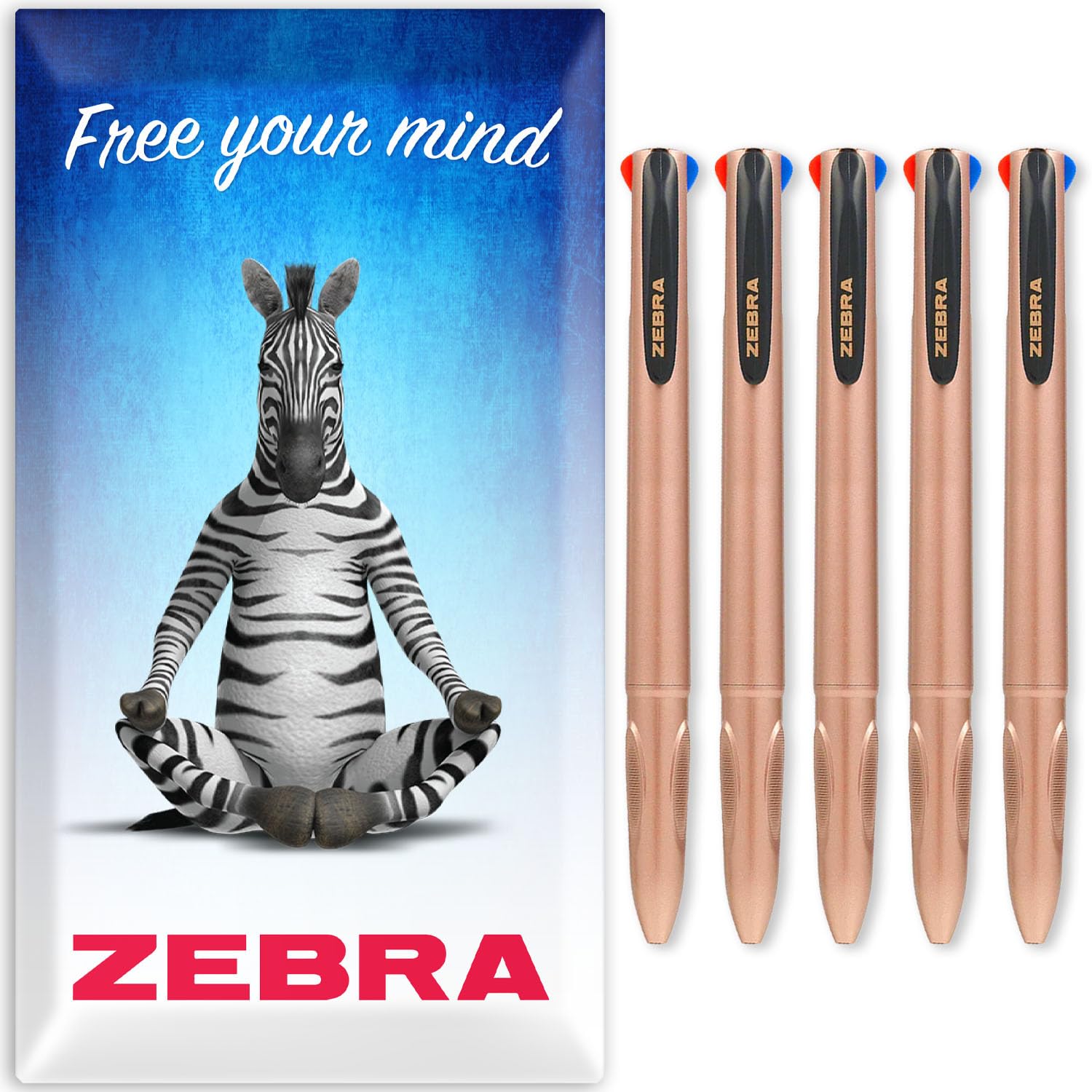 Zebra Z-Grip Elegance 4 in 1 Colours Retractable Ballpoint Pen - 1.0mm - Rose Gold Barrel - Black, Blue, Red, Green - In Envelope Gift Packaging - Pack of 5