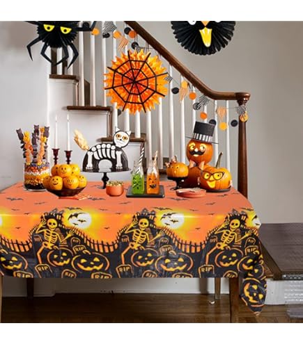 Halloween Tablecloth, Pumpkin And Bat Table Cloth, Orange And Black Star Scary
