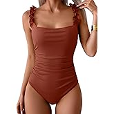Eomenie Women's One Piece Swimsuit Tummy Control Square Neck Bathing Suit Ruffle Straps Ribbed Swimwear
