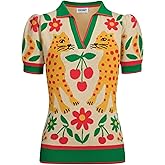 OXKNIT Women's Knitted Polo Shirts Short Sleeve, Retro Leopard Pattern Beige Casual Cotton V-Neck Pull-on Tops