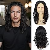 Wallden Hair Mens Black Wig Long Curly Wavy Hair Wigs Natural Look Brunette Heat Resistant Synthetic Retro Male Wig for Daily Party Costume Cospaly Halloween or Fun（Black）