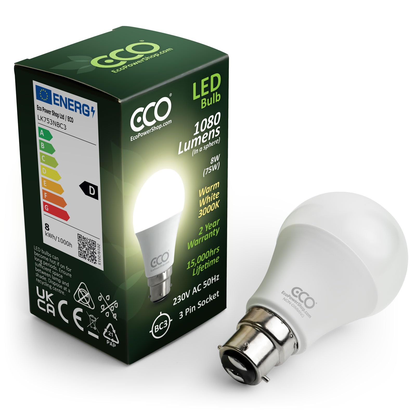 ECO 3 Pin BC3, 8W Energy Saving LED Light Bulb, 75W Equivalent, Warm White 3000K, Non-Dimmable, 15,000hrs Lifetime. — image 1