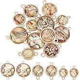 BENECREAT 12Pcs 3 Styles Abalone Shell Charms Connector Natural Paua Shell Connector Pendant Flat Round Links with Brass Edging for Bracelet Earrings, DIY Jewelry Making