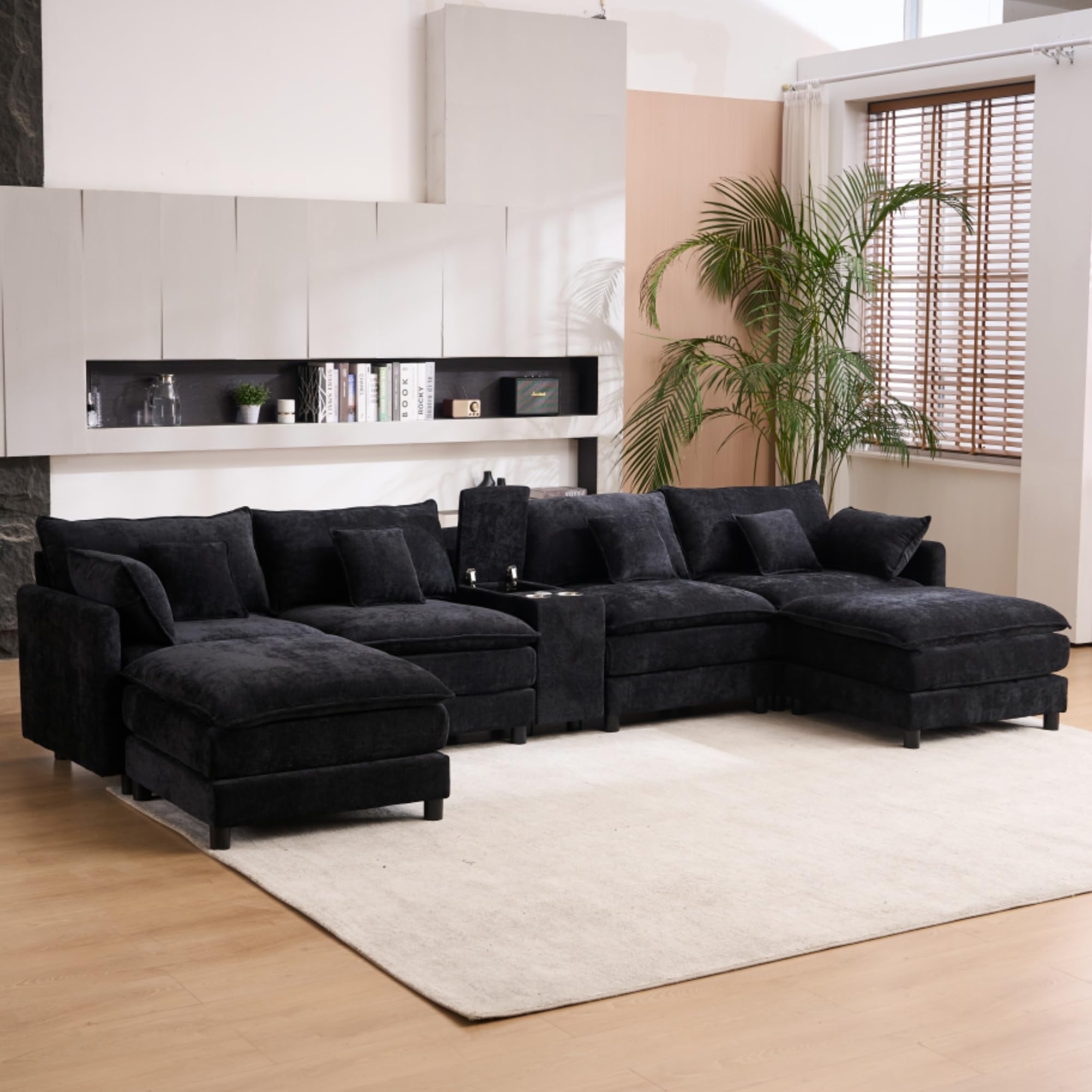 Photo 1 of ***PARTS ONLY***KEIKI 145" Chenille Sofa, 6 Seat Upholstered Couch with Center Console, USB Ports, Coffee Table, U-Shaped Sofa for Living Room Bedroom Office Apartment, Black