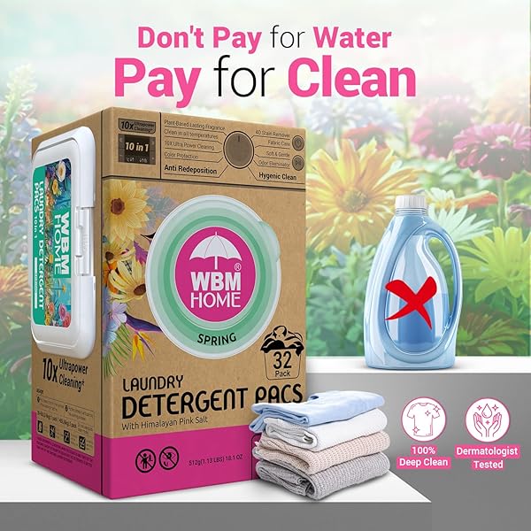 WBM HOME LAUNDRY DETERGENT PODS, SPRING FRAGRANCE SCENT, 32 COUNT – HE CONCENTRATED LAUNDRY PODS WITH 10X ULTRA POWER CLEANING AND 4D LAUNDRY STAIN REMOVER