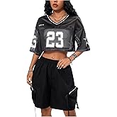 Verdusa Women's Jersey Shirts Hip Hop V Neck Short Sleeve Mesh Crop Top Graphic Tees