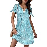 ETCYY Beach Dresses for Women 2026 Vacation Swim Suits Cover ups Short Sleeve Summer Dress V Neck Button Down Boho Sun Dress