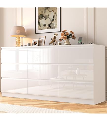 Amazon.com: Furniway White Dresser for Bedroom, Modern 9 Drawer Dresser  with Smooth Slides and Gold Handles, Wide Bedroom Chest for Living Room,  Closet, 63" W x 15.7" D x 31.5" H :