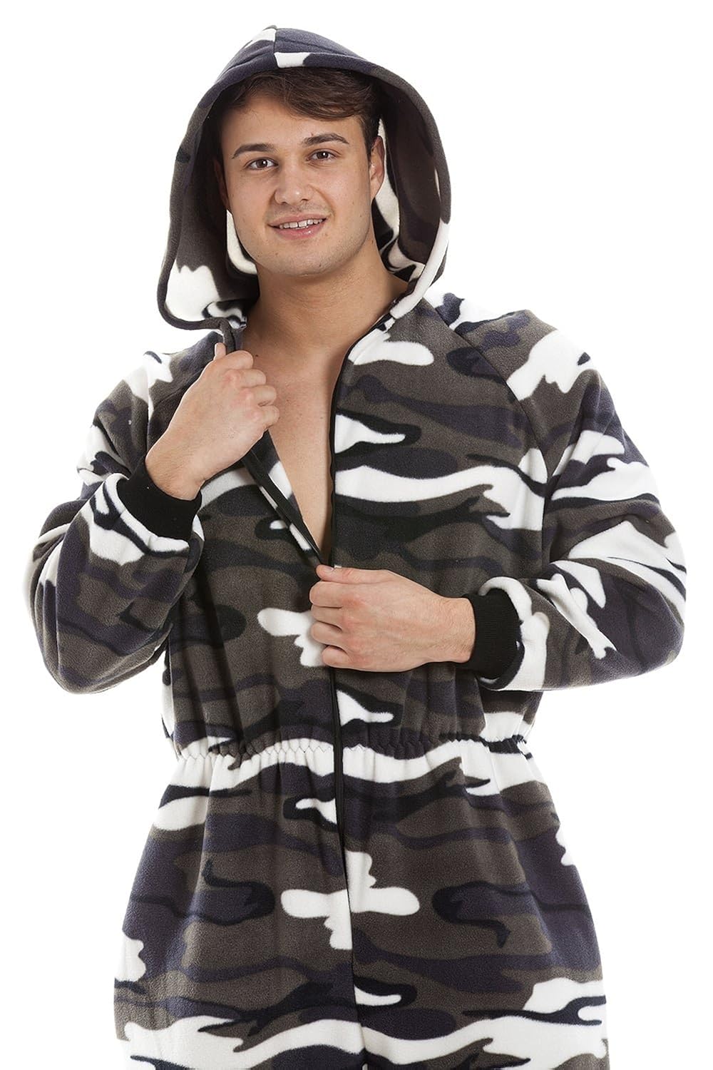Camille Mens Snow Camouflage Supersoft Fleece Zip Front Hooded Onesie