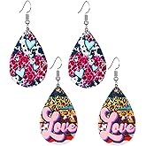 MALOYANVE ﻿2Pairs Valentine's Day Love Leather Earrings for Women Charms Faux Leather Teardrop Dangle Heart-shaped Print Leopard Printed Drop Earring Set for Valentine‘s Day Wife Mom Girlfriend