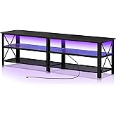Clikuutory Modern Black 71 inch Metal TV Stand with LED Lights and Power Outlets for 50 60 65 70 75 80 Inch TVs, 3 Tier Television Stands with Entertainment Center and Storage for Living Room, Bedroom