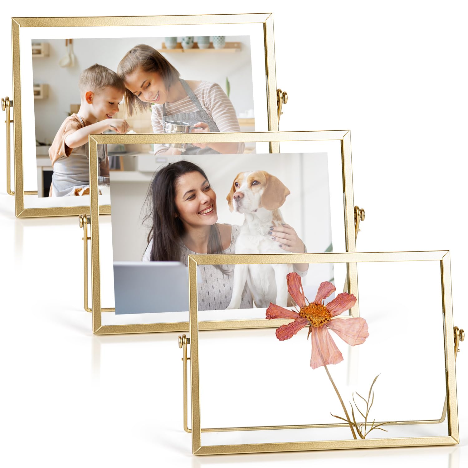 Photo 1 of AceList 6x8 Picture Frame Set of 3 for 4x6 Picture - Gold Metal Floating Photo Frame with Glass Cover - 6x8 Frame Gold Picture Frame - Floating Frame for Tabletop Display Horizontally