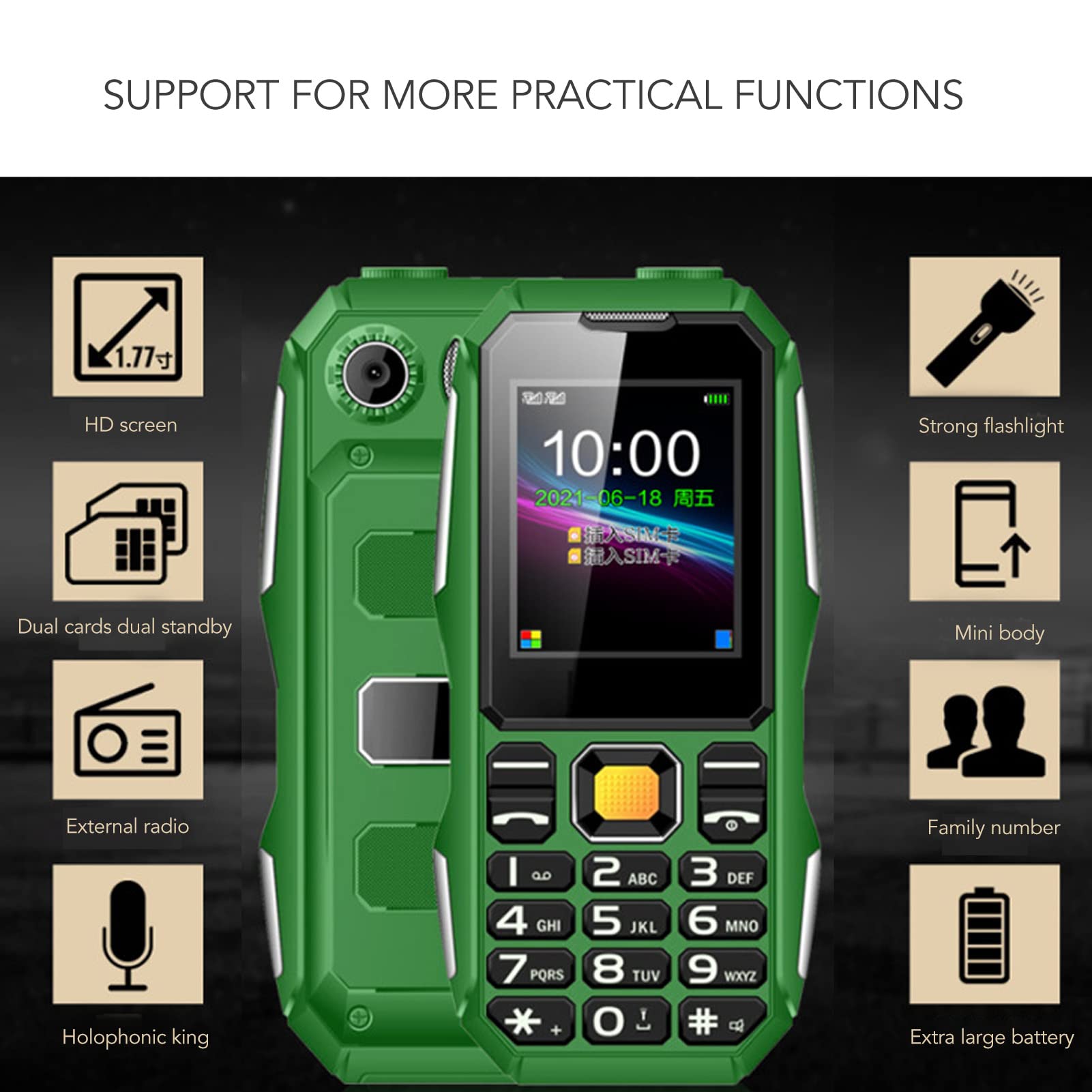 Tangxi Mini Rugged Cell Phone for Senior, 1.8 Inch Drop Proof and Dust Proof Outdoor Mobile Phone, 5800mAh Battery 32MB Unlocked GSM Cell Phone (OD Green)