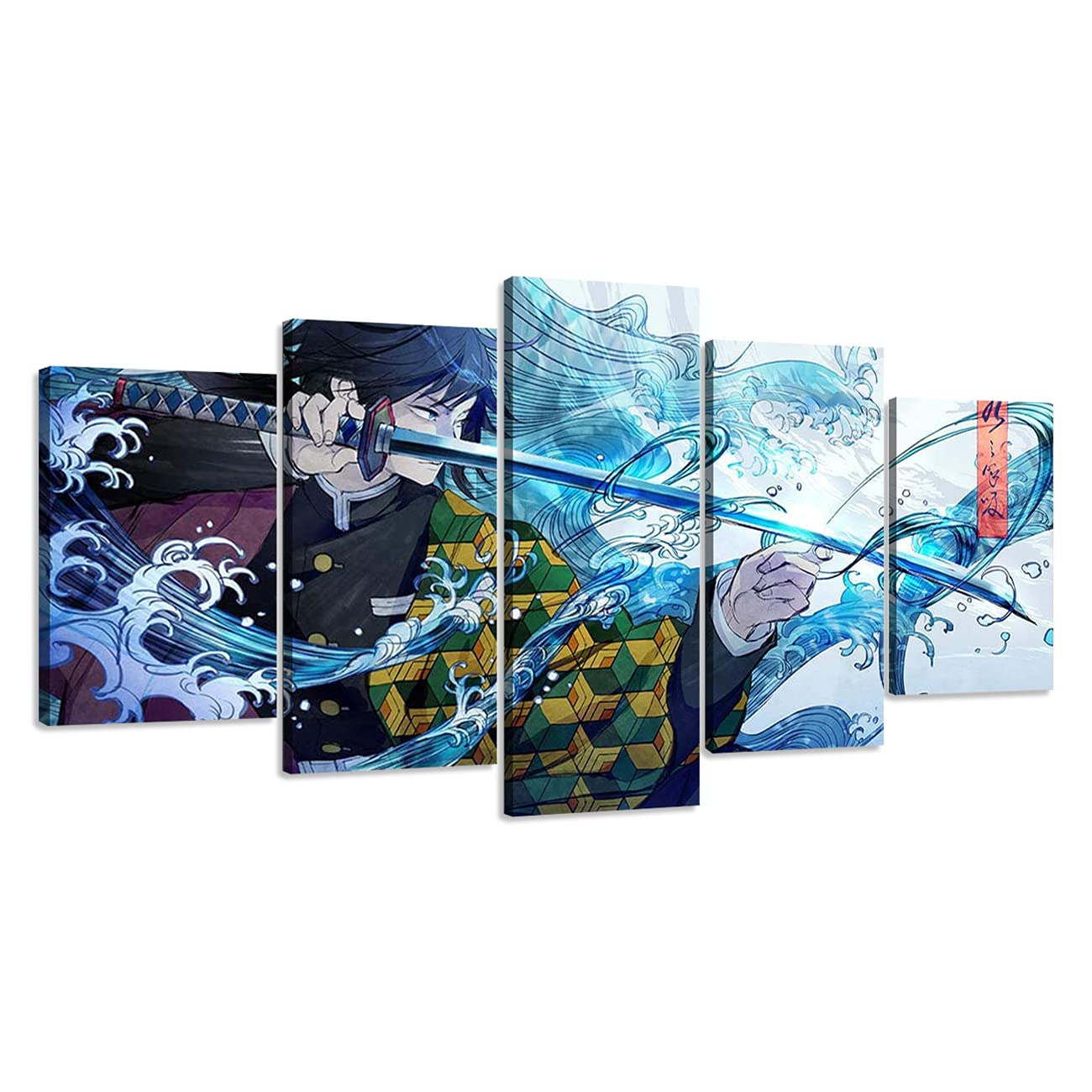 5 Piece Canvas Wall Art Demon Slayer Kimetsu Japanese Character Tanjiro Anime Poster HD Prints Painting for Living Room Decor Wooden Framed Ready To Hang (Anime, 8x14inx2 8x18inx2 8x22inx1)