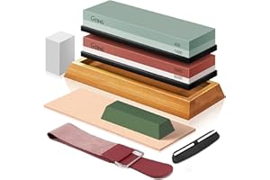 Knife Sharpening Stone Set, G-TING 400/1000 and 3000/8000 Grit Whetstone Knife Sharpener Kit with Leather Razor Strop, Leather Honing Strop, Polishing Compound, Bamboo Base and Flattening Stone