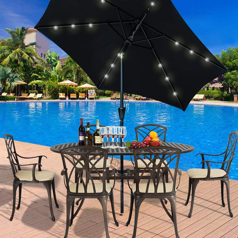 PananaHome 2.7m Garden Parasol Sun Shade Solar LED lights Umbrella with Crank and Tilt Mechanism for Outdoor Balcony Garden Patio Black