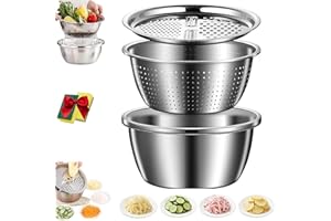 German Quality 3-in-1 Stainless Steel Grater Bowl, Multifunctional Basin with Drain Basket & Vegetable Slicer, Shredding & Dr