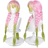 Max Beauty Anime Pink and Green Wig for Mitsuri Cosplay Braided Hair Wig with Pigtails Halloween Party + Cap