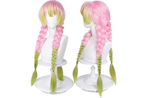 LABEAUTÉ Max Beauty Anime Pink and Green Wig for Mitsuri Cosplay Braided Hair Wig with Pigtails Halloween Party + Cap