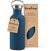 Bambaw Non-Insulated Stainless Steel Water Bottle 32oz (1 Liter) - Single Wall, Dishwasher Safe, With Handle, Reusable, Large - Aegean Blue