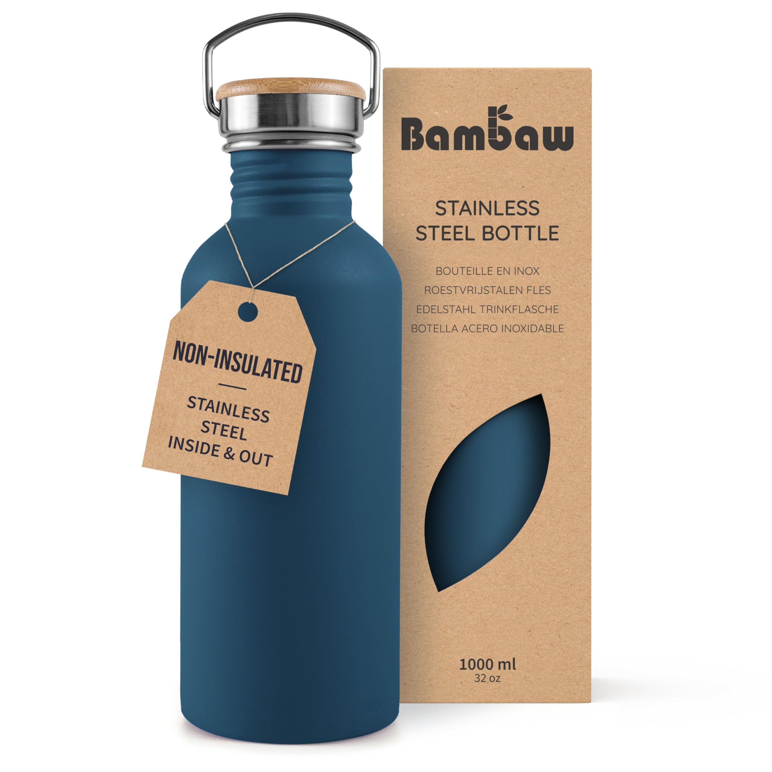 Bambaw Stainless Steel Water Bottle 1L - Non-Insulated, Metal, BPA Free, Leakproof, Reusable - Aegean Blue