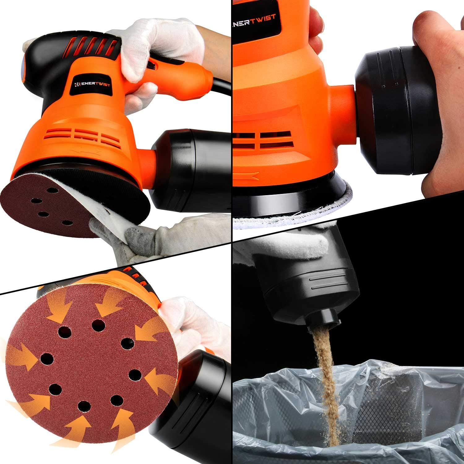 EnerTwist Random Orbit Sander - 5 Inch Variable Speed 2.4A Electric Orbital Sander/Polisher Kit with Dust Collector, ET-OS-280 - - 