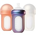 Boon Nursh Reusable Silicone Pouch Baby Bottles - Medium Flow Nipple - Silicone Baby Bottle Pouch and Nipple - Baby Feeding Essentials - Metallic - 3-6 Months - 3 Count - 8 Ounce