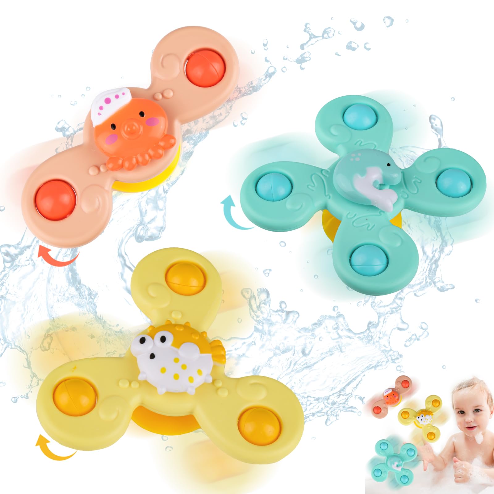 3 Pcs Suction Spinners for Babies, Ocean Animals Suction Cup Spinner Toys, Baby Spinner Toy Release Anxiety, Baby Fidget Spinner for Early Learning, Bathing, Travel