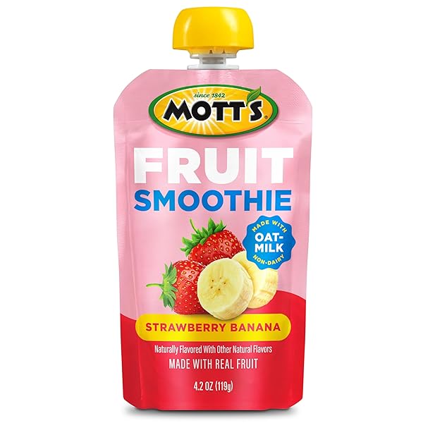 MOTT’S FRUIT SMOOTHIES STRAWBERRY BANANA, 4.2 OZ CLEAR POUCHES, 8 PACK, NON-DAIRY, MADE WITH OATMILK, MADE WITH REAL FRUIT, GOOD SOURCE OF CALCIUM, ON-THE-GO
