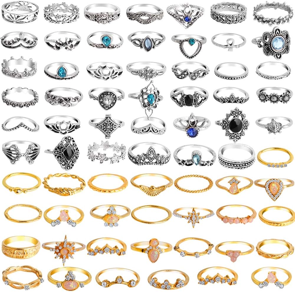 ONESING 69 Pcs Knuckle Rings Stackable Ring Set for Women Girls Bohemian Retro Vintage Joint Finger Rings Hollow Carved Flowers