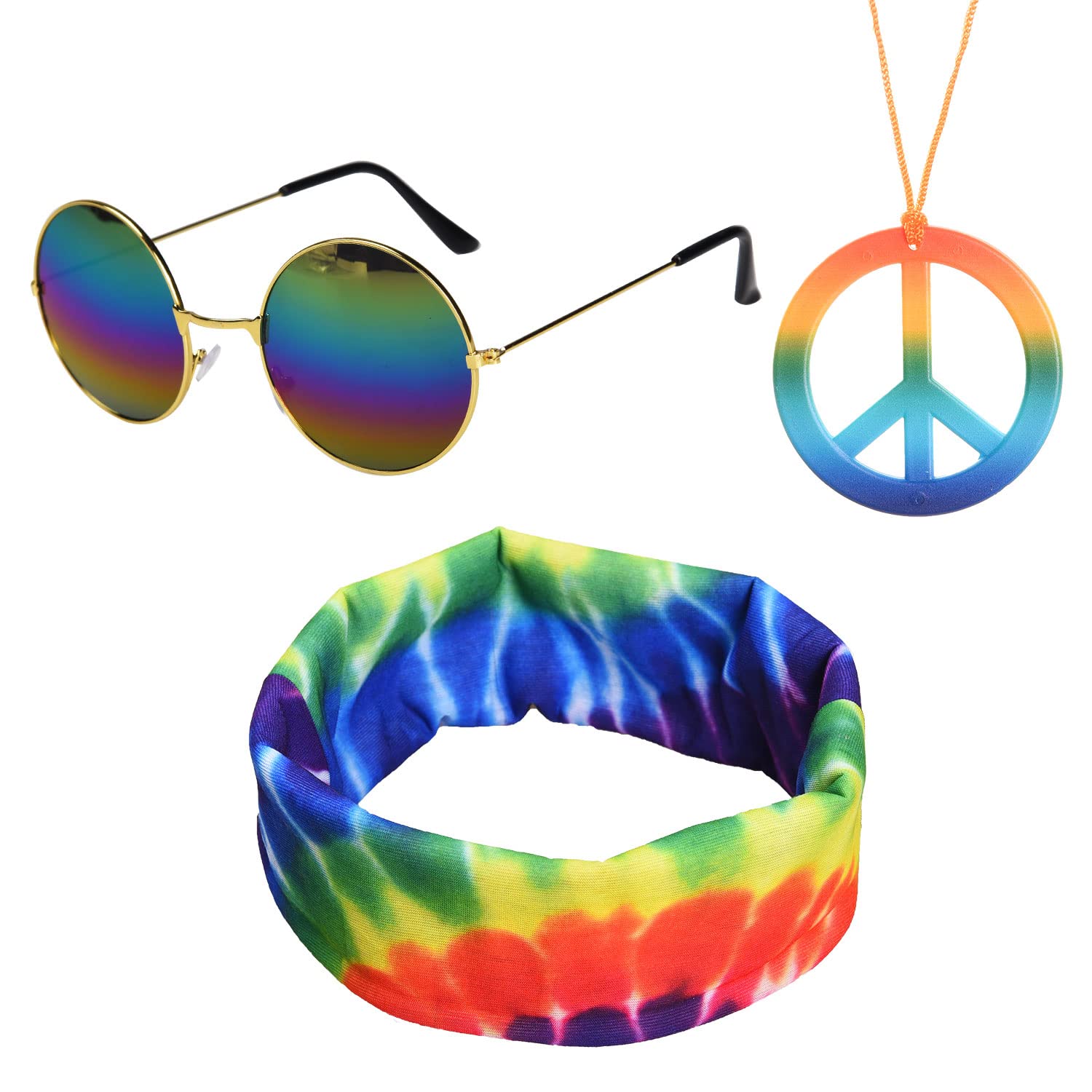 Lezevn Jomnvo 3 Pieces Hippie Costume Set For Adult Hippie Sunflower Headband Peace Sign Necklace Round Sunglasses for Fancy Dress Accessory