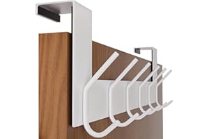 SKOLOO Over The Door Hook - 6 Hooks, No Assembly Required, Stainless Steel Door Hooks, Over Door Coat Rack for Hanging Coats Clothes Hats Robes, White