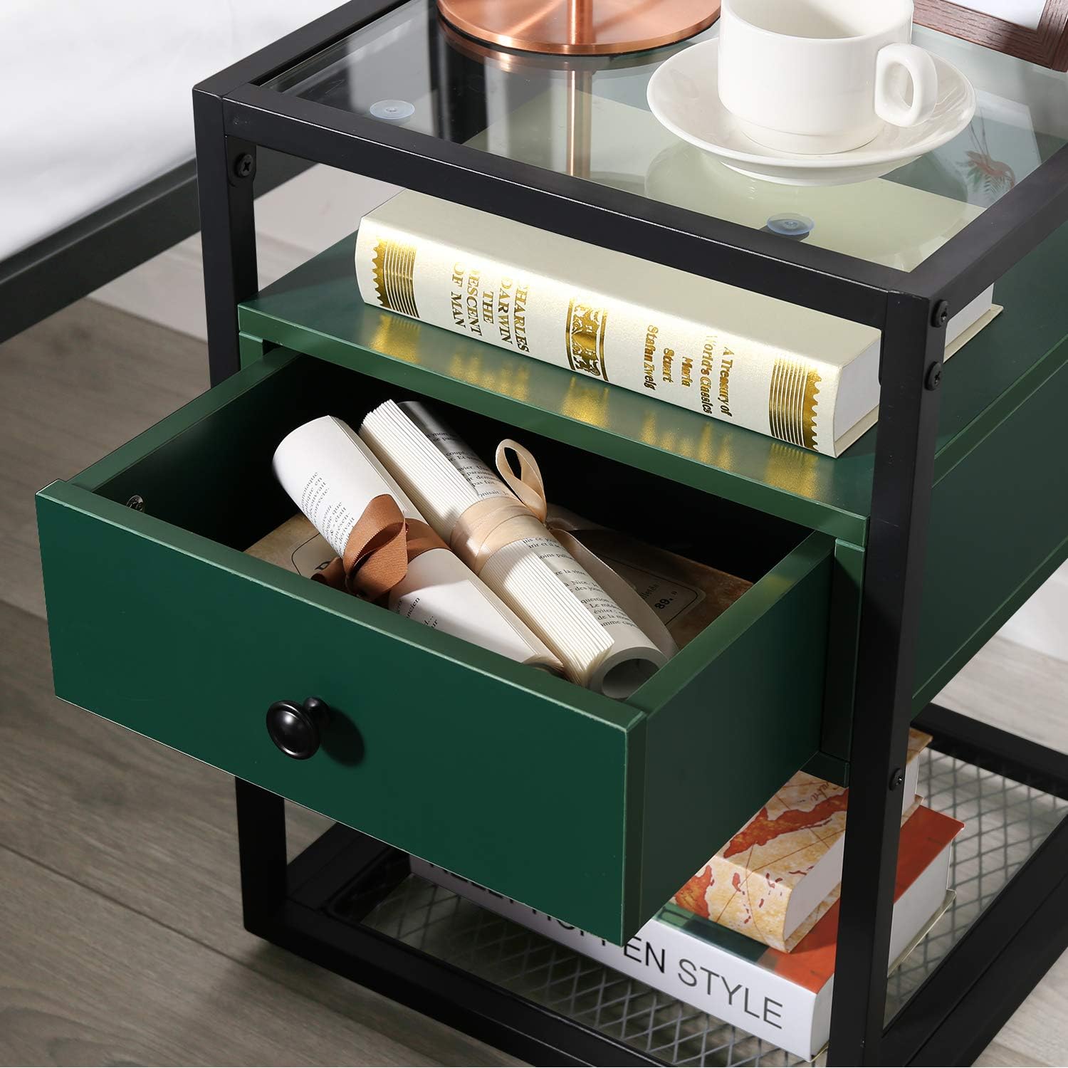 VECELO Nightstand, Tempered Glass End Table, Cabinet with Drawer and Rustic Shelf Decoration in Living Room,Bedroom,Lounge, Green: Home & Kitchen