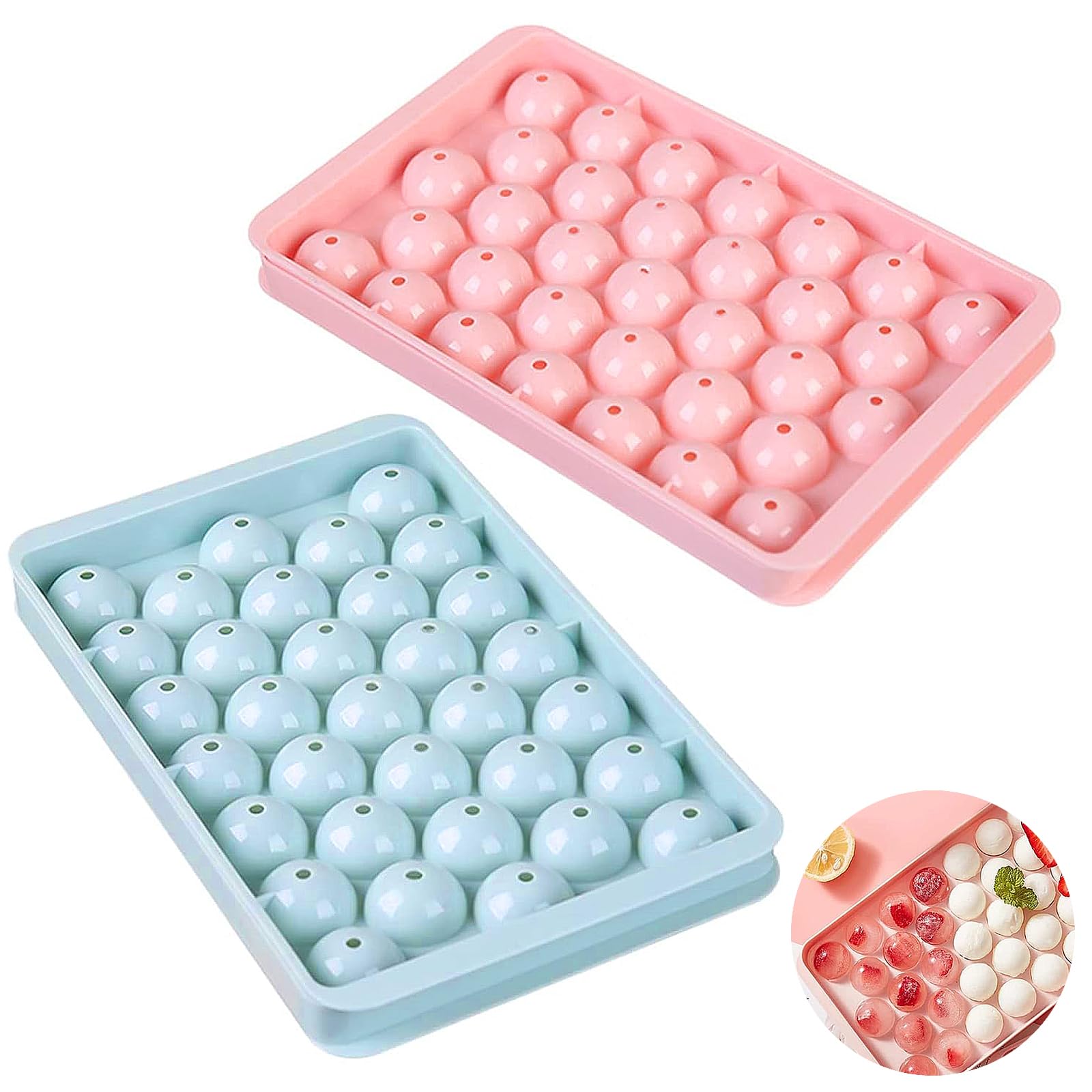 Ice Cube Tray Shapes, Round Ice Cube Moulds, Round Ice Cube Tray with Lid, for Water Whiskey Cocktail Tea Coffee (Blue+Pink)