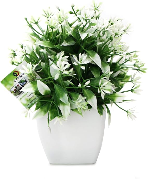 OFFIDIX Artificial Plants Mini Artifiial Flowers with White Square Vase Plastic Fake Plant for