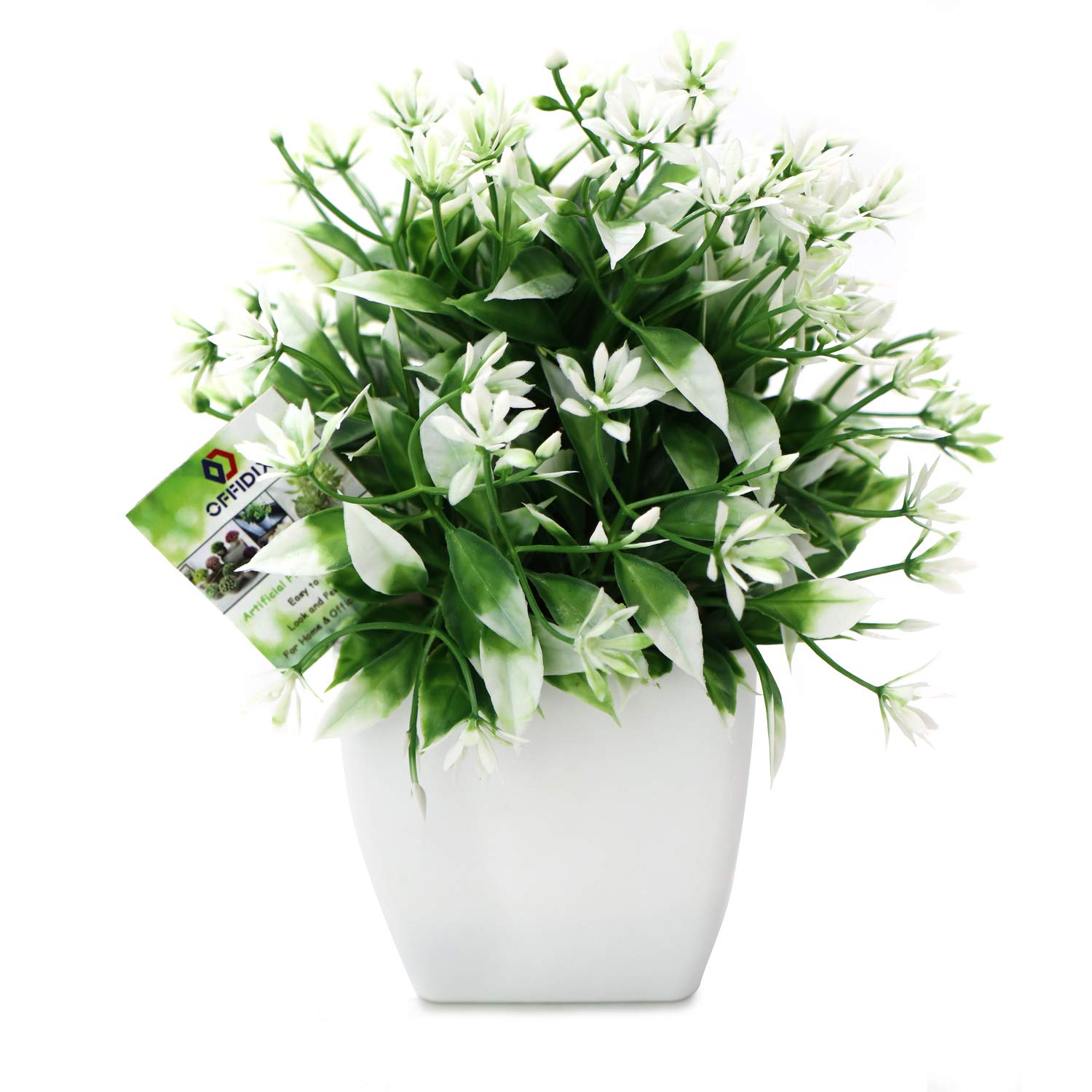 OFFIDIX Artificial Plants Mini Artifiial Flowers with White Square Vase Plastic Fake Plant for Office, Home Decoration