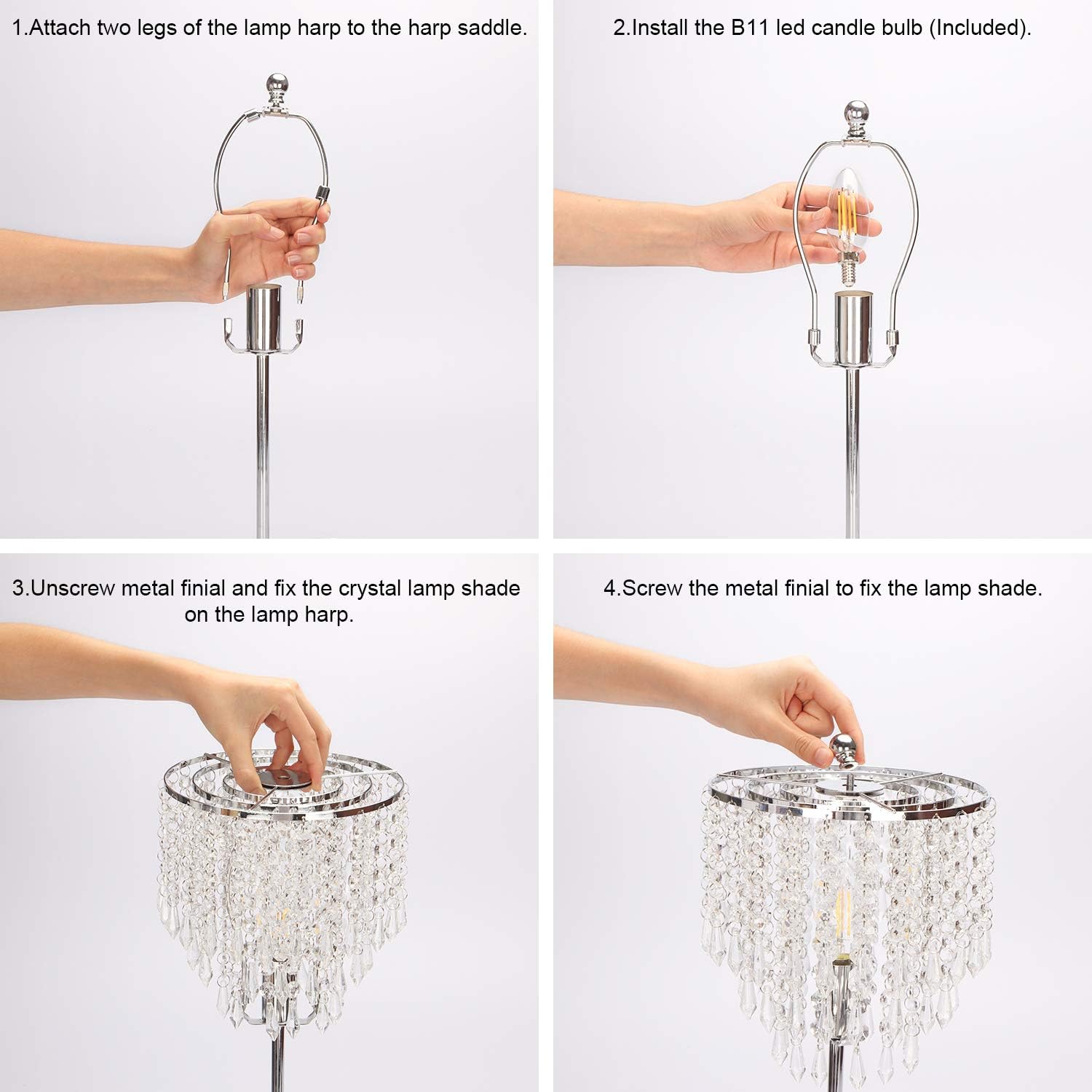 Touch Control Crystal Table Lamp with Dual USB Charging Ports, 3-Way Dimmable Bedside Touch Lamp Decorative Nightstand Lamp with Elegant Lamp Shade for Living Room Bedroom, B11 6W LED Bulb Included - - 