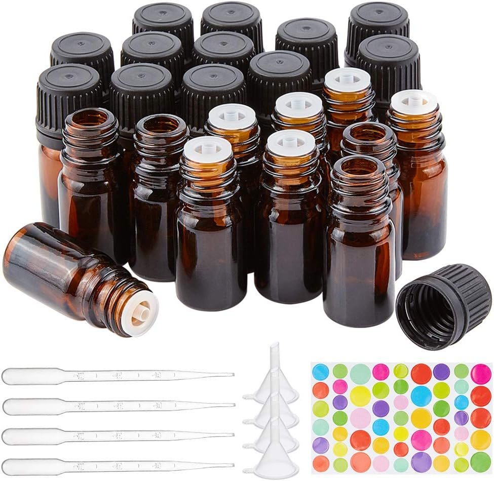 BENECREAT 24 PACK 5ml Amber Glass Bottle with Orifice Reducer Refille Empty Essential Oil Bottle with 10PCS Droppers