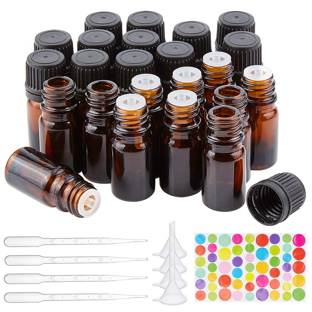 BENECREAT 24 PACK 5ml Amber Glass Bottle with Orifice Reducer Refille Empty Essential Oil Bottle with 10PCS Droppers, 4PCS Hoppers and 54PCS els for Aromatherapy Cosmetics Makeup