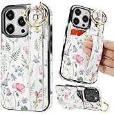 uCOLOR for iPhone 16 Pro Case with Card Holder Key Ring for Women Girls Cute Design with Leather Wallet Credit Holder Cardholder Strap Stand for Apple 16 Pro (Pink Flowers)
