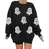 BEIDEFY Halloween Sweatshirts for Women Sequin Ghost Long Sleeve Shirt Oversized Spooky Season Pullover Tops