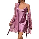 OYOANGLE Women's 2 Piece Satin Pajama Cowl Neck Slip Dress and Lace Belted Robe Set Sleepwear