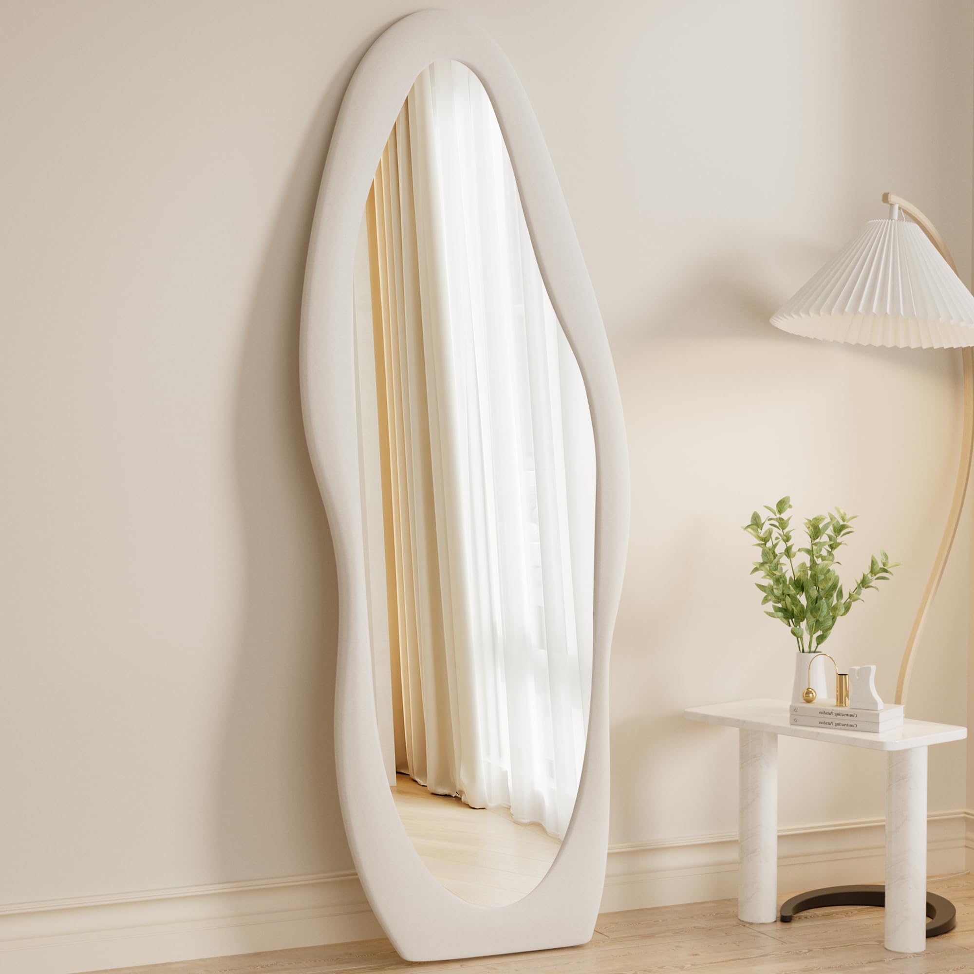 Photo 1 of ***MATERIAL AROUND MIRROR IS DAMAGED**
Rowjut Full Length Mirorr, 63"x24" Mirror Full Length, Irregular Wall Mounted Mirror, Standing Floor Mirror with Flannel, Wavy Body Mirorr Hanging or Leaning Against Wall for Bedroom (White)